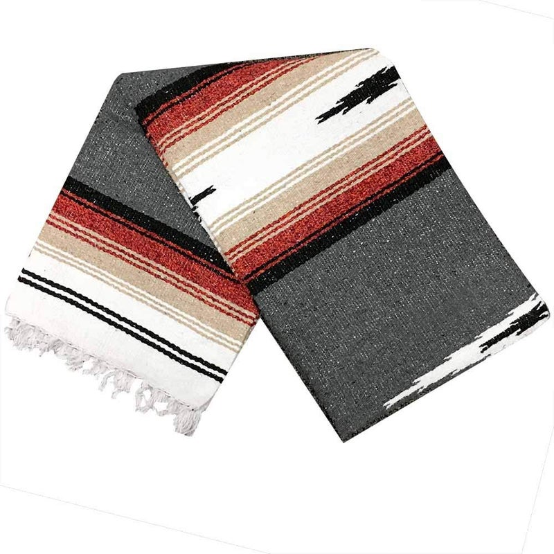 Open Road Goods Charcoal Black Mexican Yoga Blanket - Thick Diamond with Vintage Retro Serape Red Tan Brown and White Stripes - Image 1